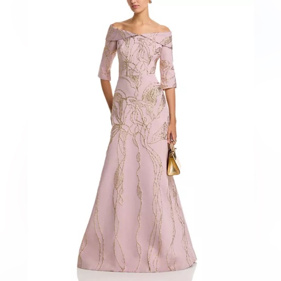 Rickie Freeman for Teri Jon Dresses & Skirts - Teri Jon By Rickie Freeman Jacquard Folded Off-The-Shoulder Elbow Sleeve Gown 8